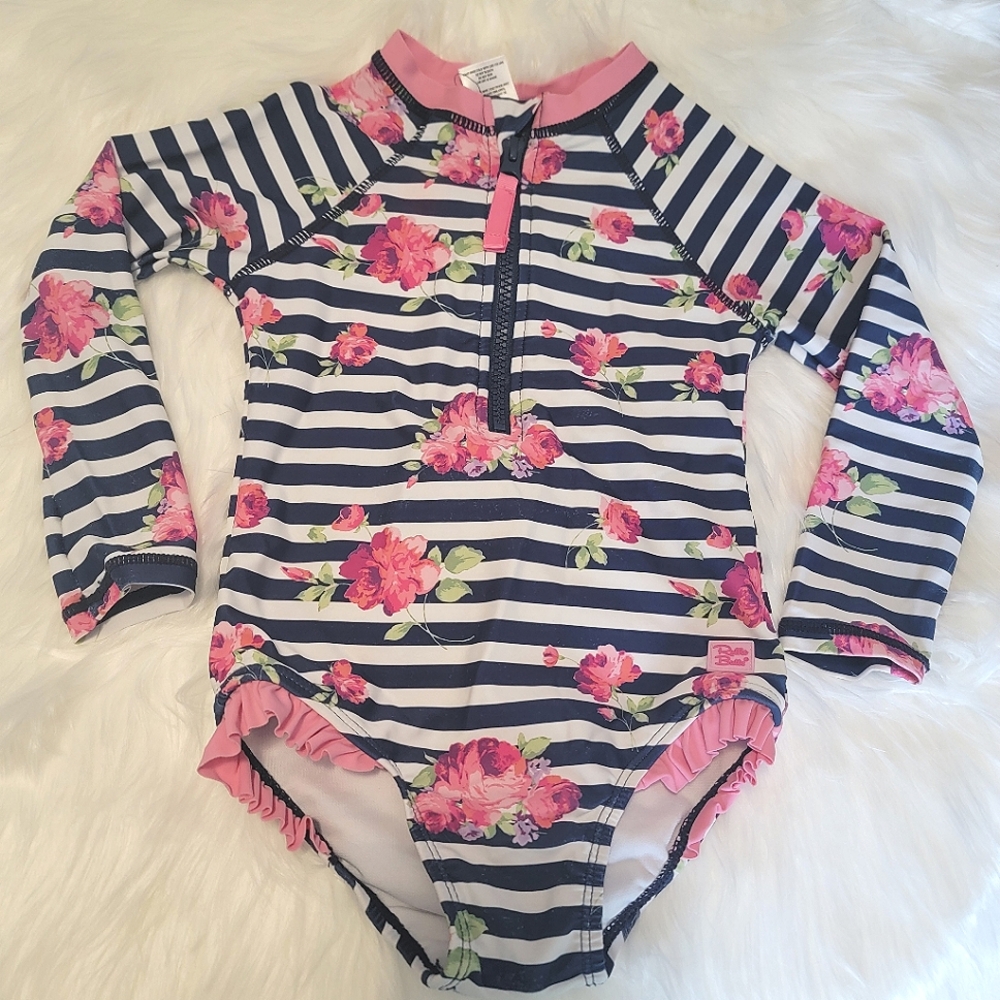 Ruffle Butts Floral Stripe Girls Swimsuit, long sleeve one piece
